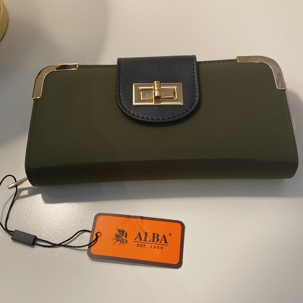 NWT Alba Boutique Olive Green and Black Wallet with Gold Crossbody Chain